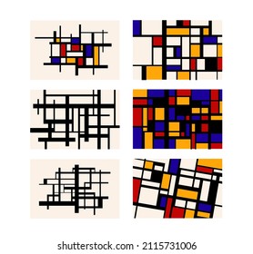 Conjunto de seis composiciones geométricas abstractas, pinturas retro vintage al estilo de Piet Mondris