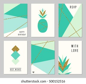 A set of six abstract geometric designs in gold glitter, turquoise, cream, light blue and mint green. Modern and original greeting card, invitation, poster design templates.