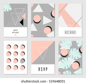 A set of six abstract geometric designs in black, white, light gray and pastel pink. Modern and original greeting card, invitation, poster design templates.