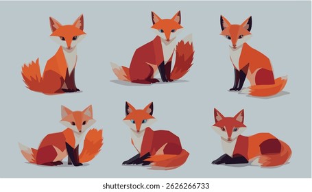 A set of six abstract geometric fox illustrations in a modern minimalist flat design style. Each fox is constructed using simple geometric shapes triangles, circles, and rectangles