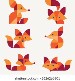 A set of six abstract geometric fox illustrations in a modern minimalist flat design style. Each fox is constructed using simple geometric shapes triangles, circles, and rectangles