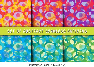 Set of six abstract geometric seamless pattern with circles. Colorful illustration.
