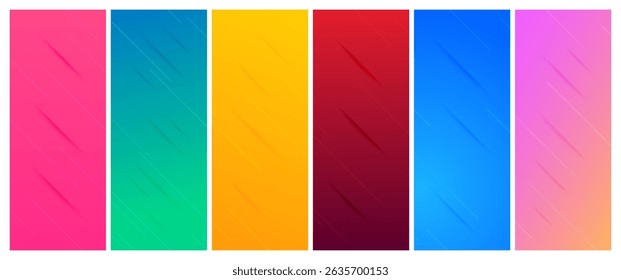Conjunto de seis fondos degradados abstractos con líneas y sombras. Anuncio de encabezado. Fondo de presentación abstracto brillante. Ilustración vectorial