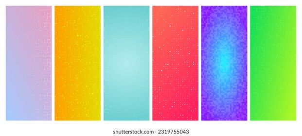 Conjunto de seis fondos geométricos de gradiente abstracto con cuadrados. Fondos de píxeles con espacio vacío. Ilustración del vector
