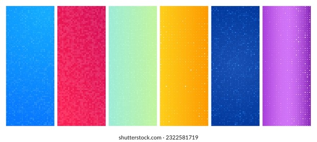 Set of six abstract gradient geometric backgrounds with squares. Pixel backgrounds with empty space. Vector illustration