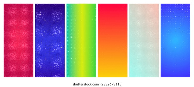 Set of six abstract gradient geometric backgrounds with squares. Pixel backgrounds with empty space. Vector illustration