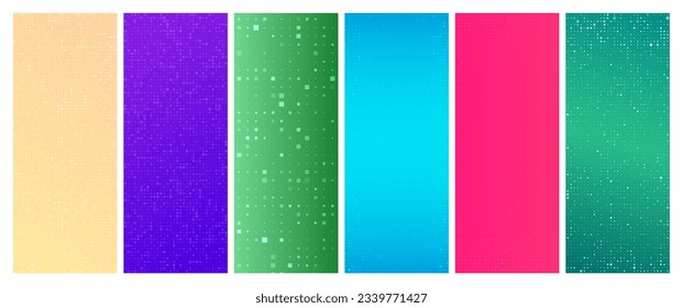 Set of six abstract gradient geometric backgrounds with squares. Pixel backgrounds with empty space. Vector illustration