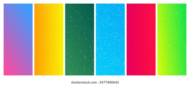 Set of six abstract gradient geometric backgrounds with squares. Pixel backgrounds with empty space. Vector illustration