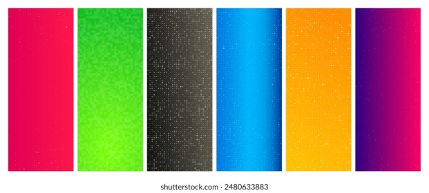 Set of six abstract gradient geometric backgrounds with squares. Pixel backgrounds with empty space. Vector illustration