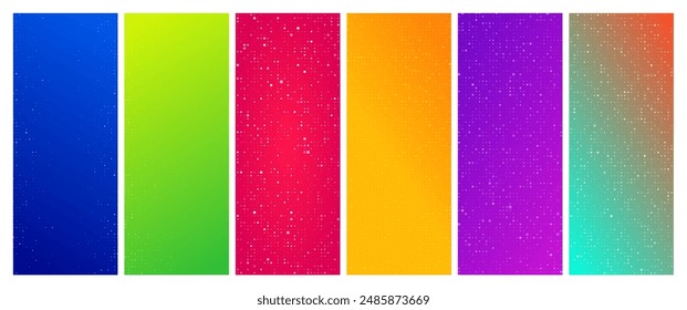 Set of six abstract gradient geometric backgrounds with squares. Pixel backgrounds with empty space. Vector illustration