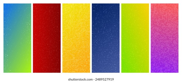 Set of six abstract gradient geometric backgrounds with squares. Pixel backgrounds with empty space. Vector illustration