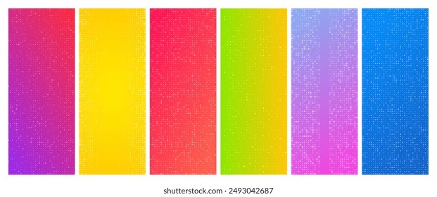 Set of six abstract gradient geometric backgrounds with squares. Pixel backgrounds with empty space. Vector illustration