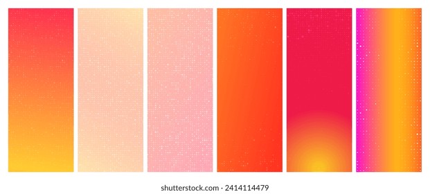 Set of six abstract gradient orange geometric backgrounds with squares. Pixel backgrounds with empty space. Vector illustration