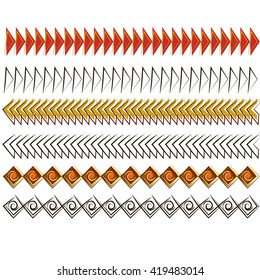 Set of six abstract hand-drawn ethnic African ornaments: black, red, purple and yellow sketches. Isolated on white background. Good for post-cards, web page background.