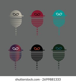A set of six abstract humanoid figures arranged in two rows, each featuring a rounded head, horizontal-striped body, and outstretched arms. 