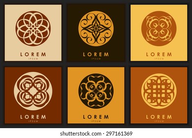 Set of six abstract logo template element for identity business in brown and yellow color. Vector illustration
