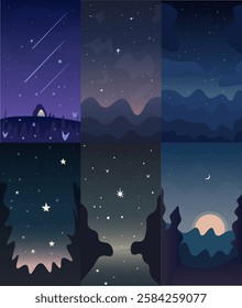 Set Of Six Abstract Mobile Phones Retro Wallpaper Dark Blue Landscape Clouds Stars Trendy Celestial Vector Design