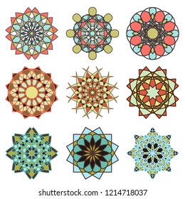 Set of six abstract multicolor mandala isolated on the white background, hand drawing vector illustration