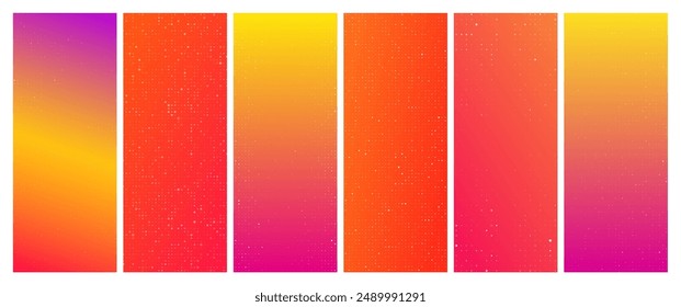 Conjunto de seis fondos geométricos abstractos de gradiente naranja con cuadrados. Fondos de píxeles con espacio vacío. Ilustración vectorial