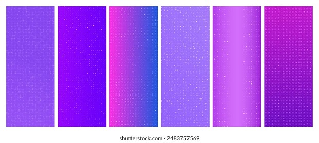 Set of six abstract purple gradient geometric backgrounds with squares. Pixel backgrounds with empty space. Vector illustration