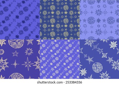 set of six abstract seamless backgrounds, fantasy hand drawn stars