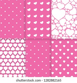 Set of Six Abstract Seamless White and Pink Heart Patterns - Valentine's Day Card or Background Vector Design