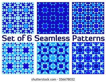 Set of six abstract stylish geometric seamless patterns with triangles and squares of blue shades