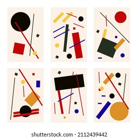 Set of six abstract suprematism compositions, vintage retro paintings in suprematism style
