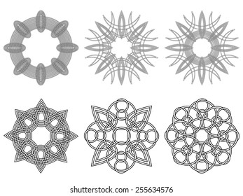 Set of six abstract vector ornamental black circular stencils on a white background