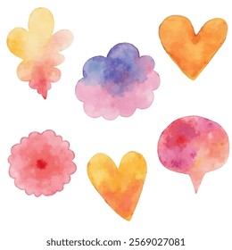 A set of six abstract watercolor shapes in various colors and forms, including hearts, a flower, a cloud, and other organic shapes.