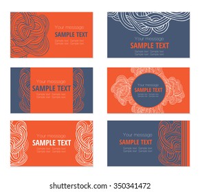 Set of six abstract waves and curves  business cards in orange and purple colors