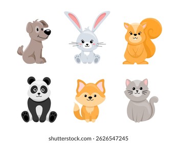 Set of six adorable cartoon animals including dog, bunny, squirrel, panda, fox, and cat in a flat cute style on a white background. Concept of cute pets and wildlife. Vector illustration