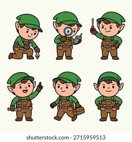 Set of six adorable cartoon elves dressed as mechanics or repairmen, each in a different pose with tools.