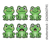 A set of six adorable cartoon frog illustrations showcasing various facial expressions and emotions. Each frog is drawn in a kawaii style with bright green colors and pink cheeks.