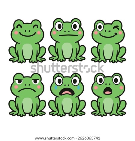 A set of six adorable cartoon frog illustrations showcasing various facial expressions and emotions. Each frog is drawn in a kawaii style with bright green colors and pink cheeks.