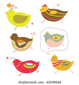 Set of six adorable chicks with bright colors and simple shapes.