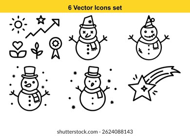 Conjunto de seis adorables iconos de vector de muñeco de nieve perfecto para vacaciones de invierno, tarjetas de felicitación y diseños festivos. Estas ilustraciones simples de arte lineal son ideales para varios proyectos.