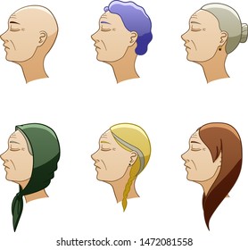 Set of six aged european women hairstyles. Women's heads turned in profile. Hair of different colors. White background, vector.