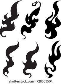 Set of six aggressive black fire flames for your design. Vector illustration.