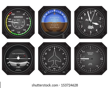 Set of six aircraft avionics instruments. Eps 10 vector illustration 