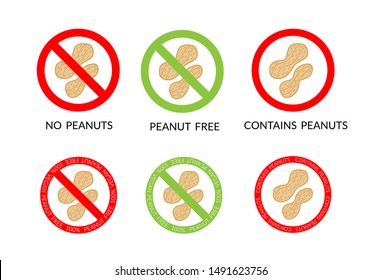 Set of six allergy free stickers, no peanuts warning signs. Red and green isolated vector illustration. Usable for product packaging, posters, banners