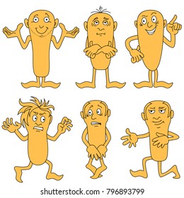 Set of six amusing male characters with various grimaces, cartoon vector illustrations isolated on the white background