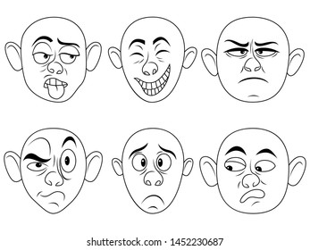 Set of six amusing male grimaces, sketching cartoon vector outlines isolated on the white background