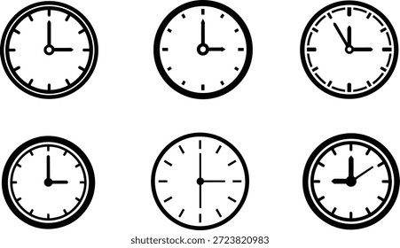 Um conjunto de seis relógios analógicos em tempos diferentes, pacote de design de silhueta de vetor para ilustrações de conceito de tempo