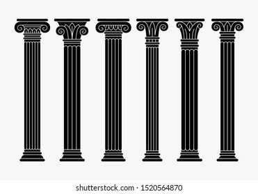 Set of six ancient greek, roman columns, pillars, black linear silhouettes.