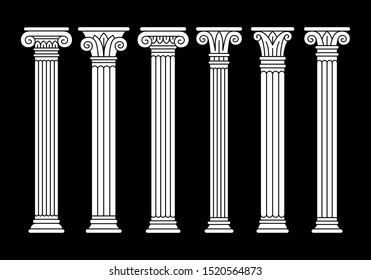 Set of six ancient greek, roman columns, pillars, white linear silhouettes.
