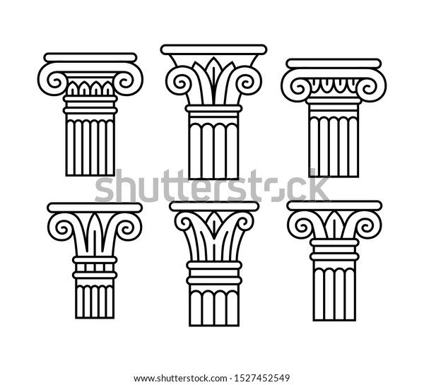 Set of six ancient greek, roman
columns, pillars, orders, capitals. Linear
silhouettes