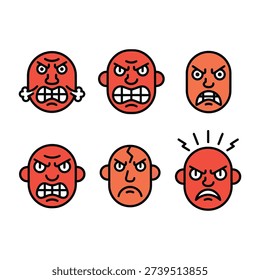 Set of Six Angry Red Face Icons Vector Illustration