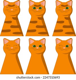 Set of six animalistic icons with smiling and winking green eyes cats tabby and ginger colored