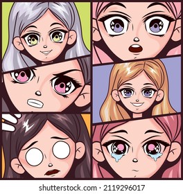 set of six anime emotions faces